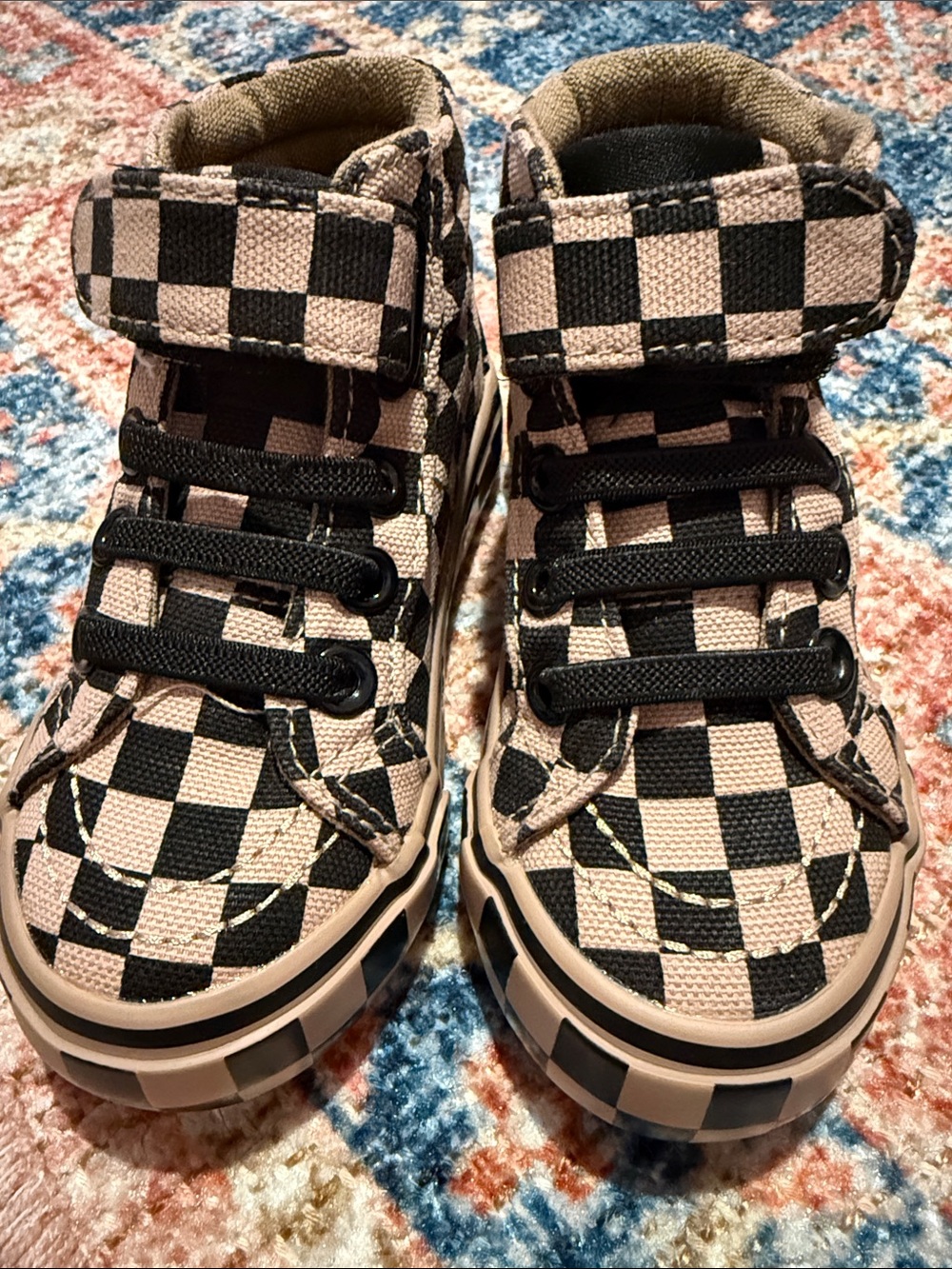 Kids Checkerboard High-Top Sneakers in Beige and Black - Youth Casual Shoes